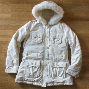 Banana Republic White Down Jacket Puffer Parka  Coat Faux Fur Trim Hood size L